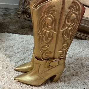 Elegant Gold Embossed Heeled Boots